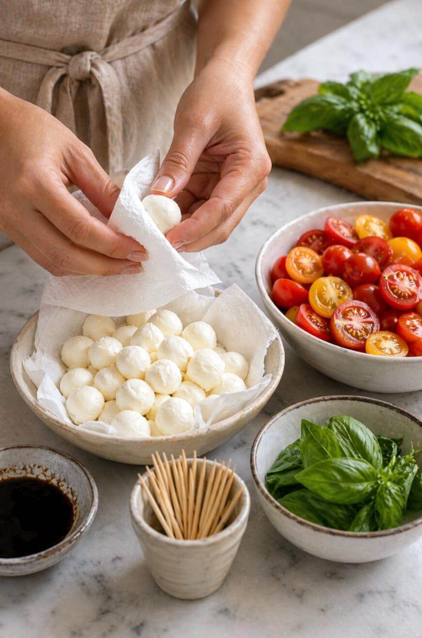 A person pats small mozzarella balls dry with a paper towel over a bowl. Nearby are bowls of cherry tomatoes, fresh basil leaves, balsamic vinegar, and toothpicks on a marble countertop.