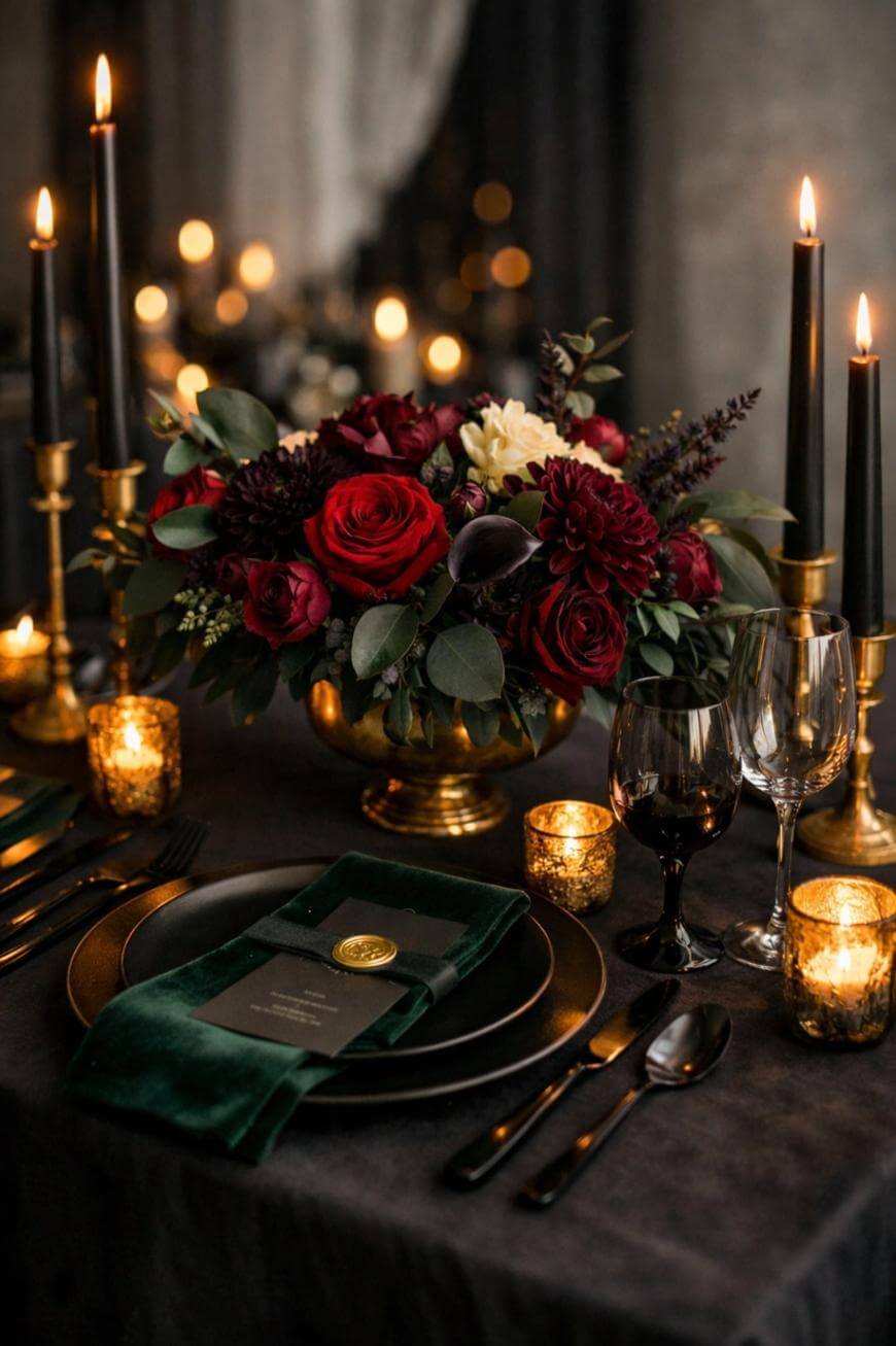 Elegant table setting with black candles, gold candle holders, and small gold votives. A lush floral centerpiece with red and burgundy flowers sits next to plates, glassware, and a dark green napkin on a black tablecloth.