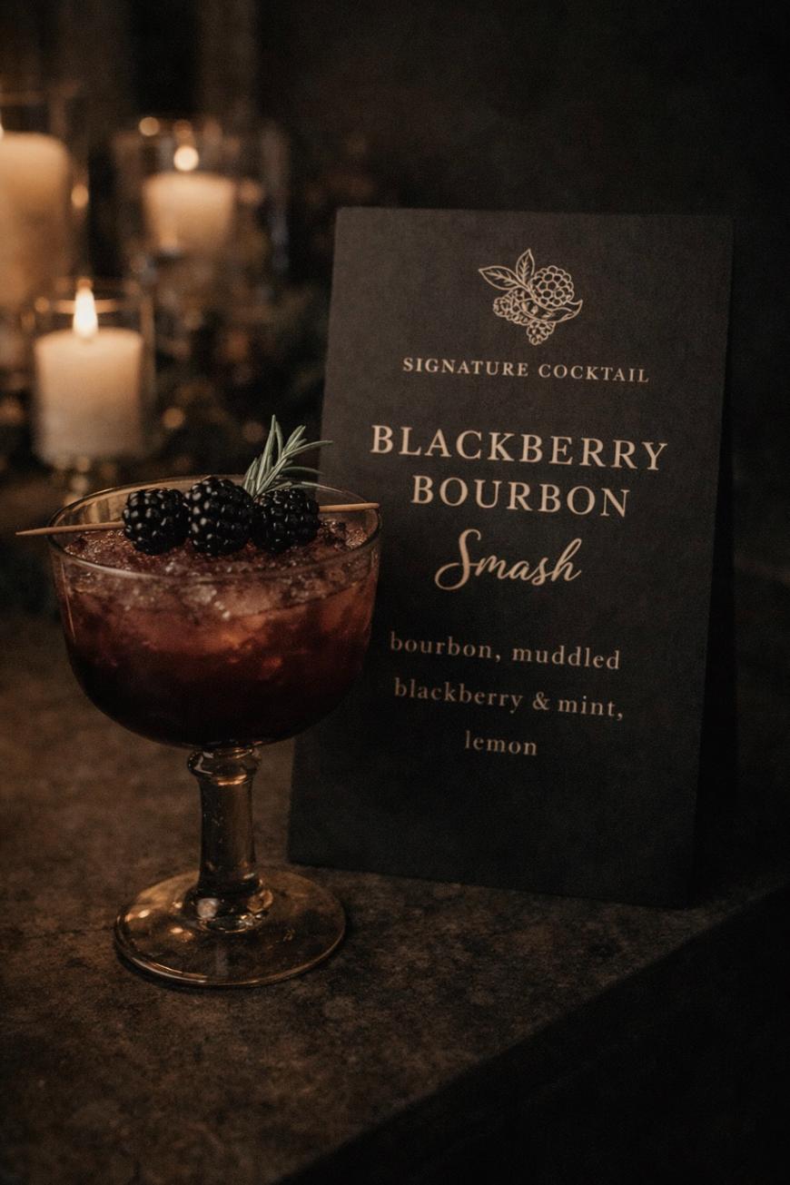 A glass of Blackberry Bourbon Smash on a dark surface, garnished with blackberries and herbs, sits beside a dark sign listing its ingredients: bourbon, muddled blackberry & mint, and lemon. Lit candles glow softly in the background.
