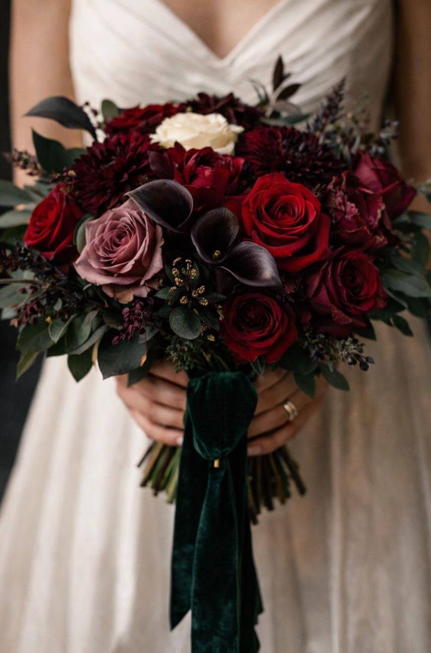A bride in a white dress holds a bouquet of red, burgundy, and mauve roses, dark calla lilies, greenery, and a green velvet ribbon tied around the stems.
