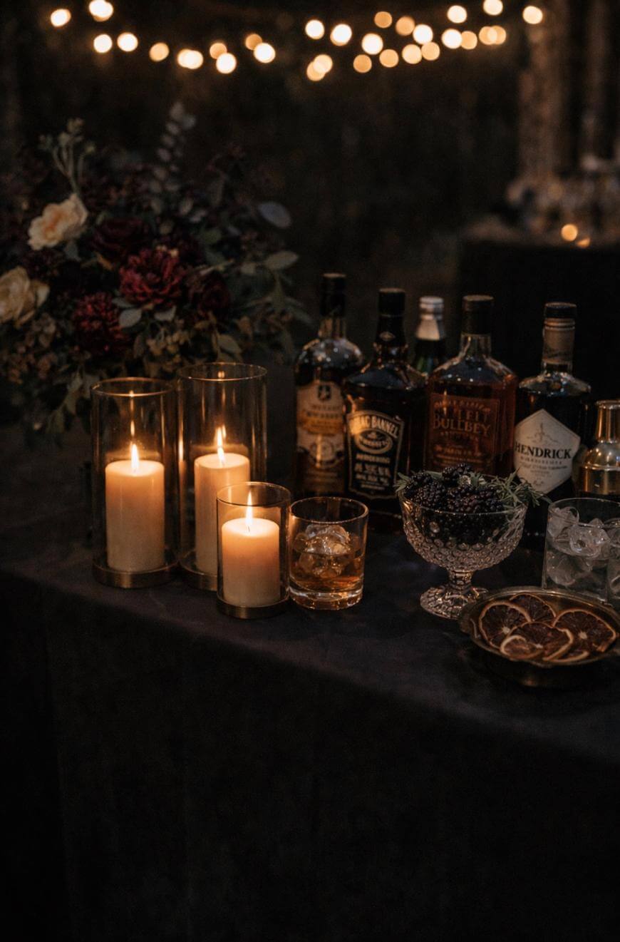 A dimly lit table with various bottles of liquor, three glowing pillar candles in glass holders, an ornate bowl of berries, sliced dried oranges, and two glasses with drinks and ice. String lights glow softly in the background.