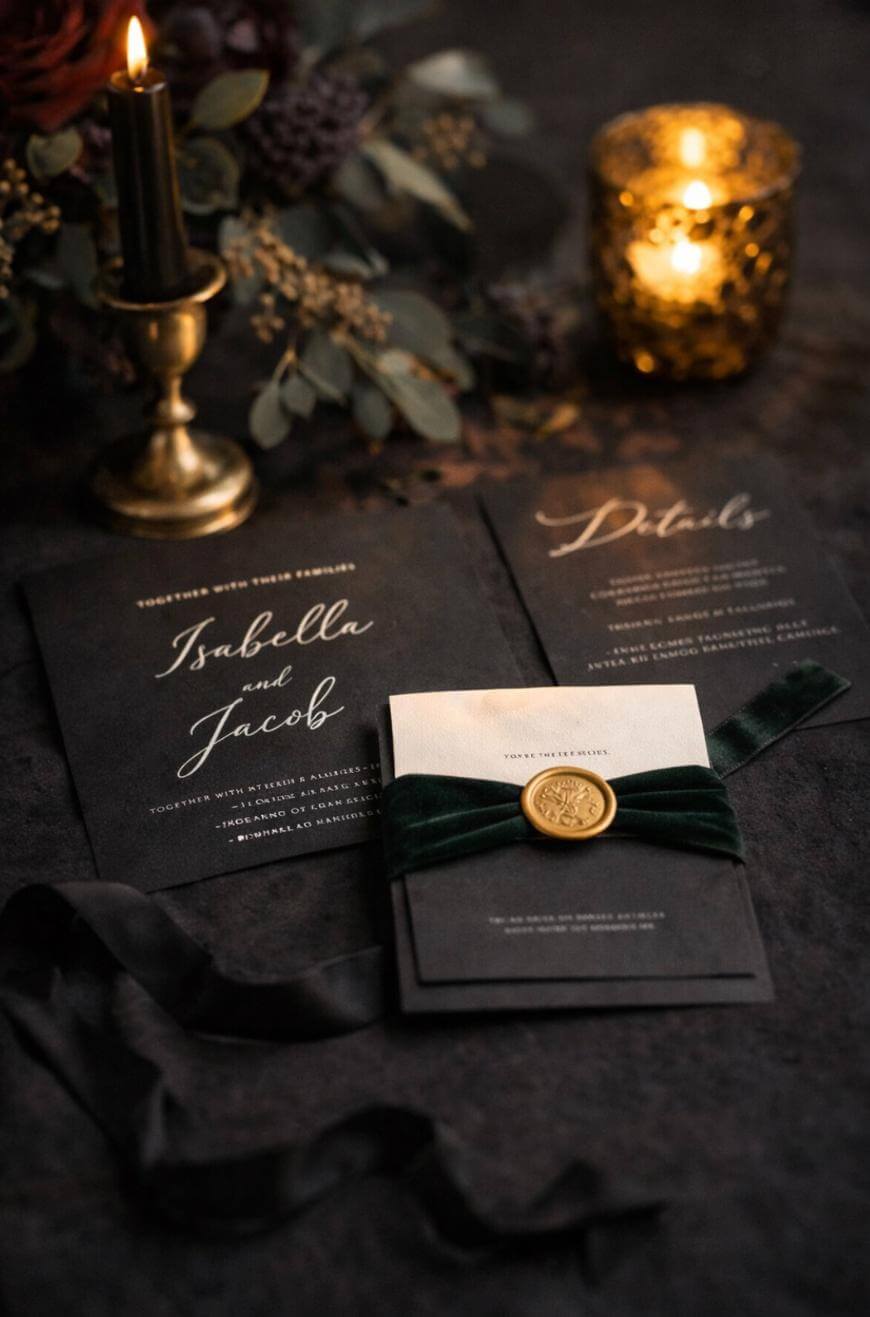 Elegant black wedding invitations with gold lettering, a gold wax seal, and a dark green velvet ribbon are arranged on a dark table with a lit candle, a decorative votive, and floral accents.
