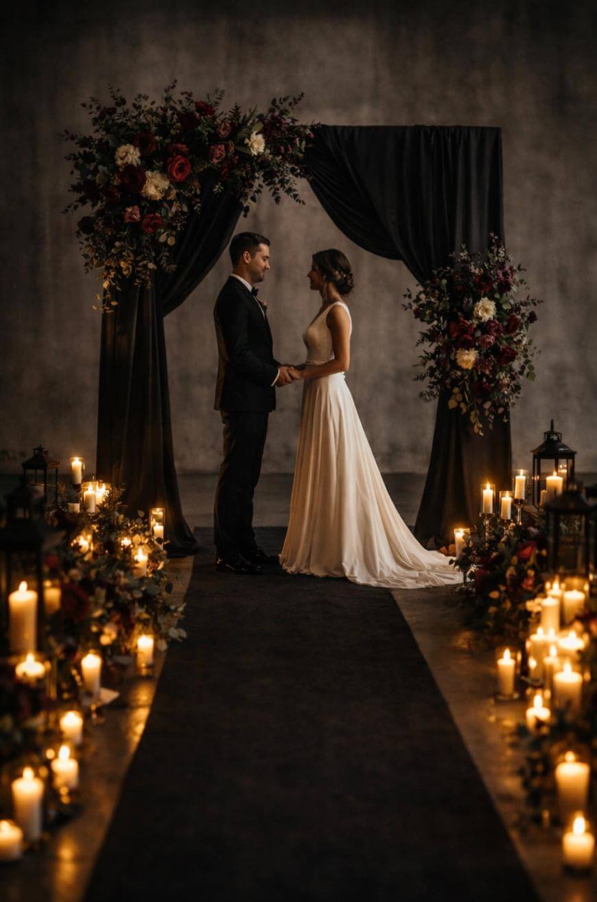 A bride and groom stand holding hands under a dark floral arch, surrounded by lit candles on both sides of an aisle in a dimly lit, elegant wedding setting.