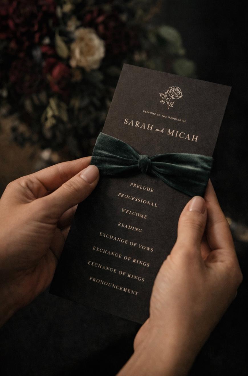 A person holds a dark wedding program with gold text, decorated with a green velvet ribbon. The program lists events for Sarah and Micahs wedding, including vows, ring exchange, and pronouncement. Flowers are blurred in the background.