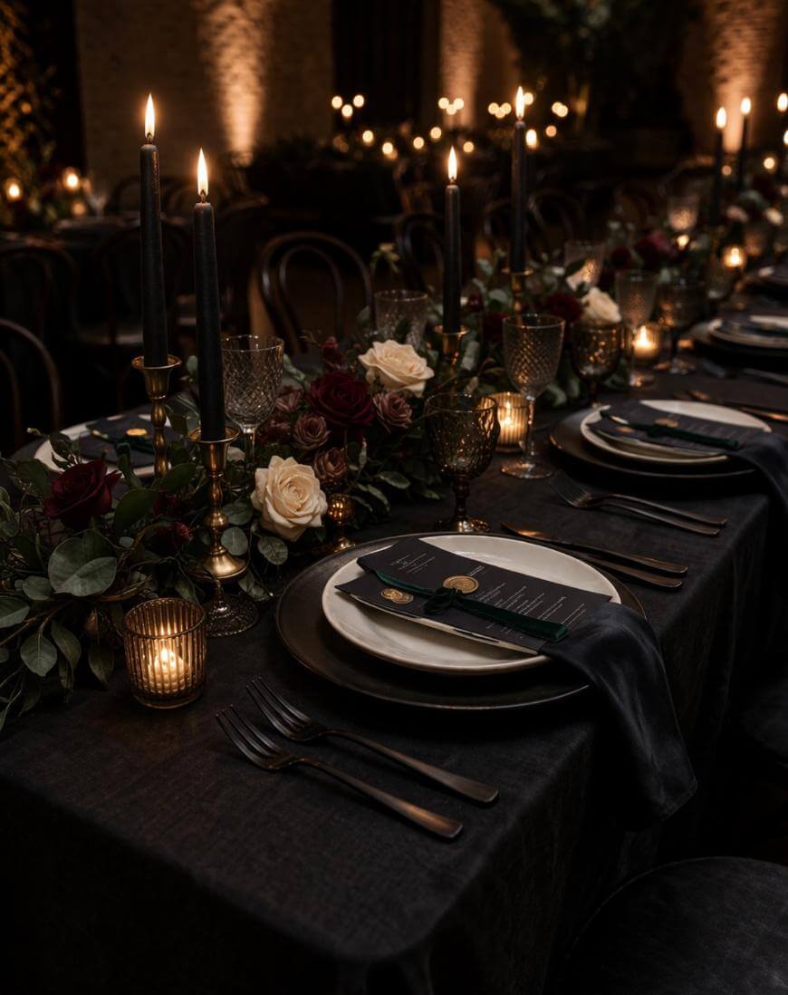 A dark, elegant dinner table set with black plates, gold cutlery, black candles, wine glasses, menus, and floral centerpieces with white and burgundy roses, all lit by warm candlelight.