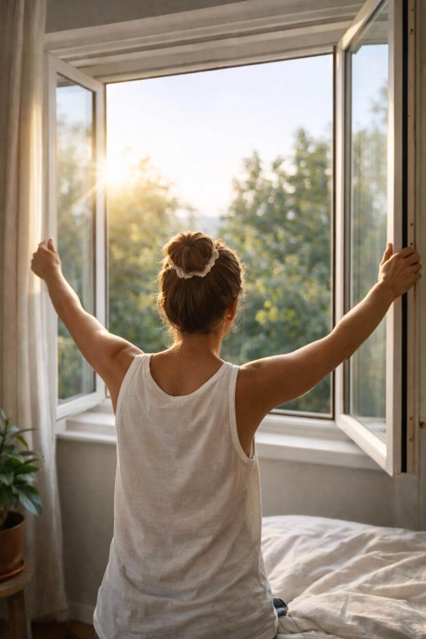 A woman with her hair in a bun stands by an open window, arms outstretched, looking outside at the sunrise and trees. Sunlight streams into the cozy, bright room with a bed and potted plant.