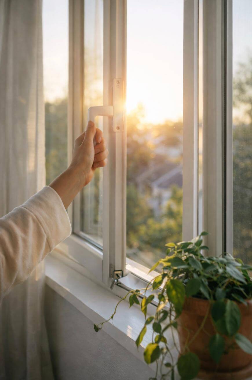 A person’s hand opens a window at sunrise or sunset, letting in warm light. A green potted plant sits on the windowsill, and trees and rooftops are visible outside.
