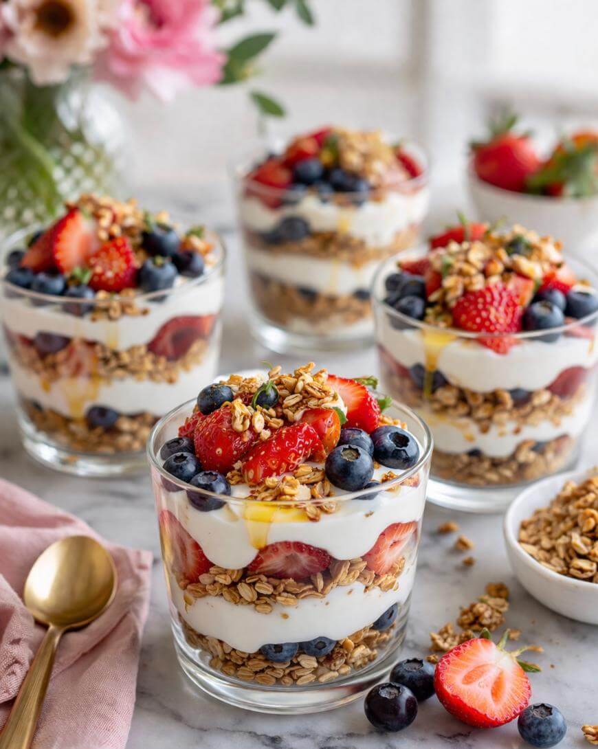 Four glass cups filled with layered granola, yogurt, strawberries, and blueberries are arranged on a marble surface, with a bowl of granola, scattered fruit, a gold spoon, and a pink napkin nearby. A vase of flowers is in the background.