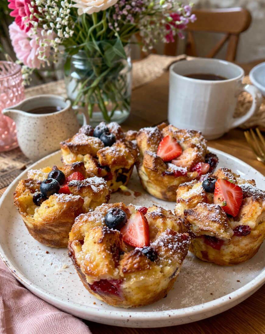 A plate of baked bread pudding muffins topped with powdered sugar, sliced strawberries, and blueberries sits on a wooden table. There are mugs of coffee and a vase of flowers in the background.