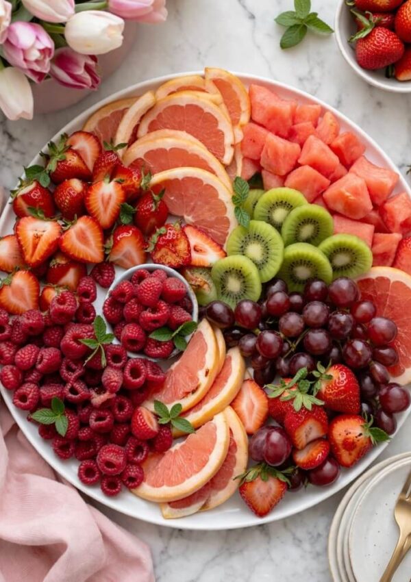 A round platter with neatly arranged slices of grapefruit, strawberries, watermelon cubes, kiwi slices, red grapes, and raspberries, garnished with mint leaves, on a marble surface with flowers and cutlery nearby.