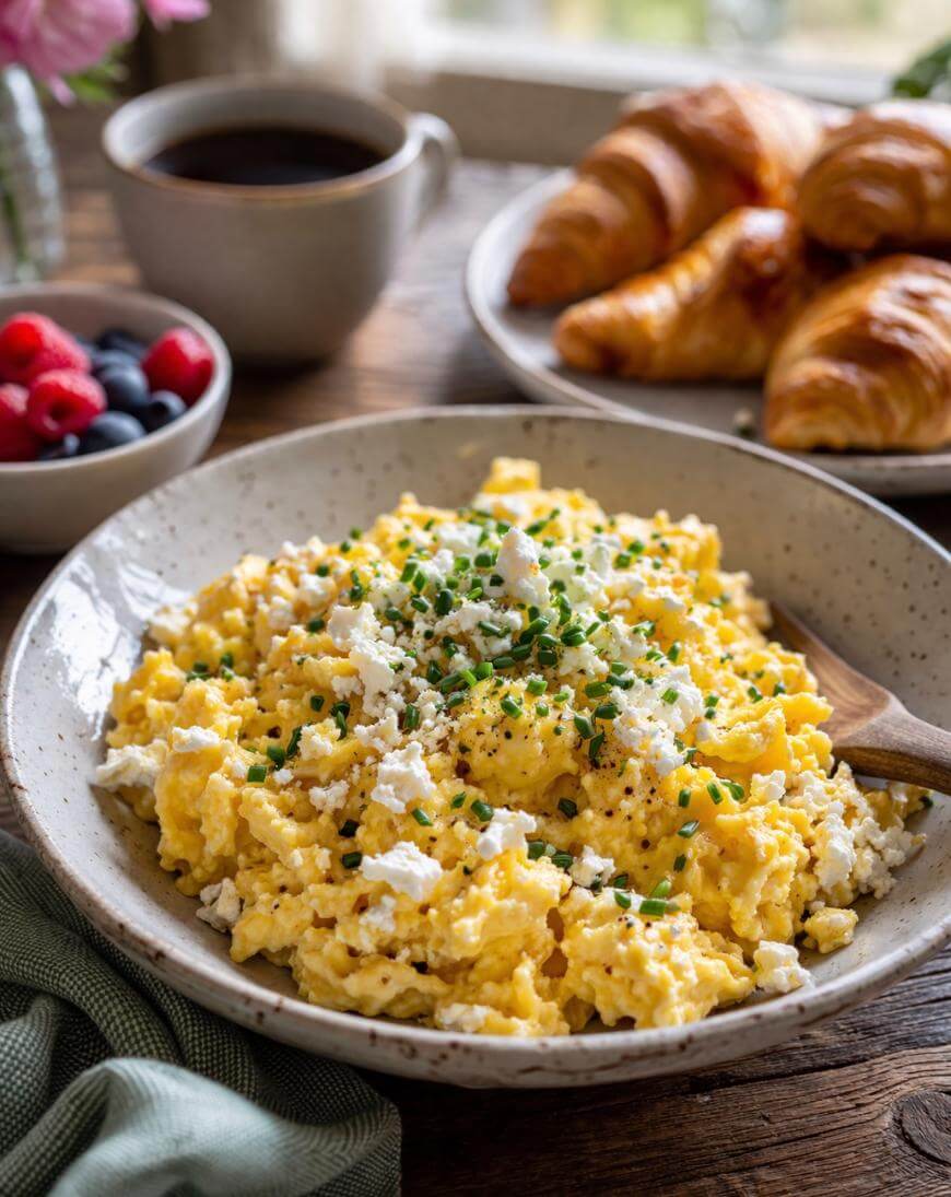 A bowl of scrambled eggs topped with chopped chives and cheese sits on a table beside croissants, a cup of coffee, and a small bowl of fresh berries.