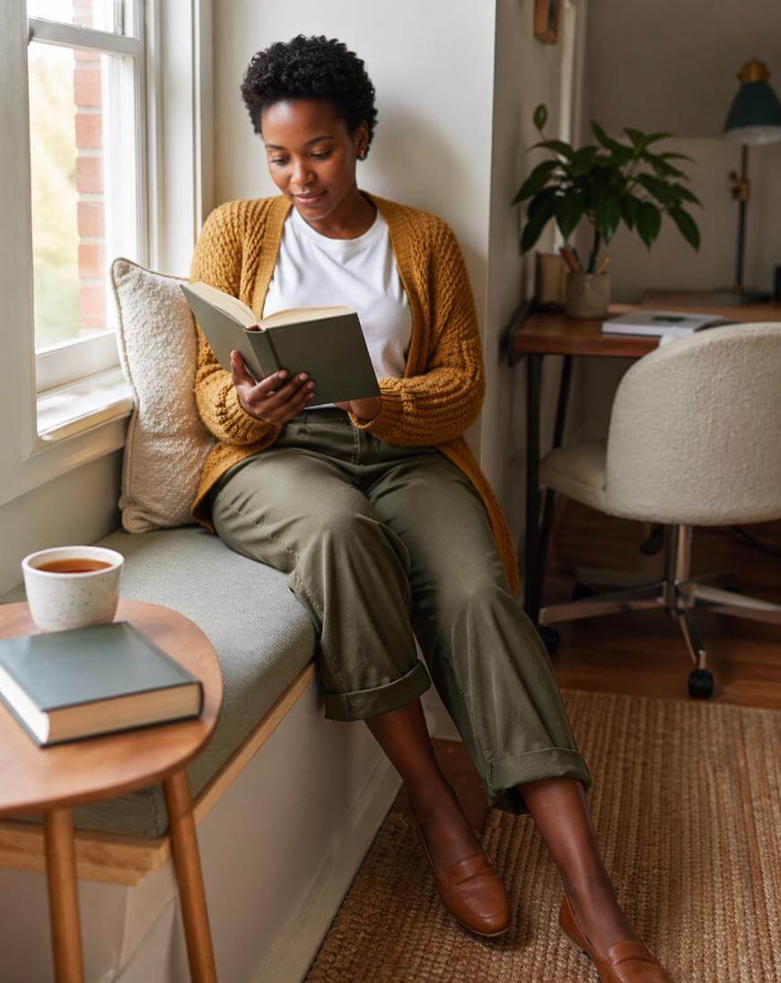 A woman sits on a window seat reading a book, with a cup of coffee and a closed book on a small table beside her. She wears a mustard cardigan, white shirt, and olive pants. A cozy home office is visible in the background.