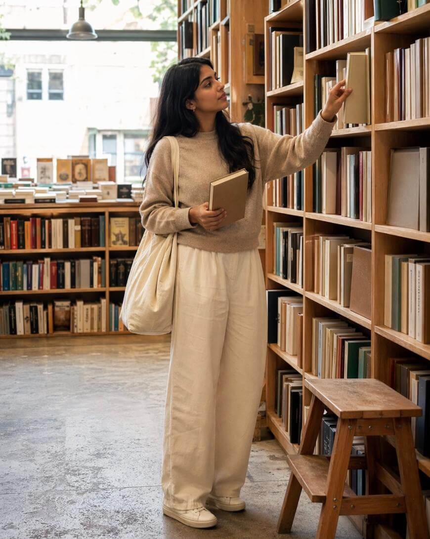A woman in light-colored clothes stands in a bookstore, holding a book and reaching for another on a shelf. She has long hair, a tote bag on her shoulder, and there’s a small wooden step stool nearby.