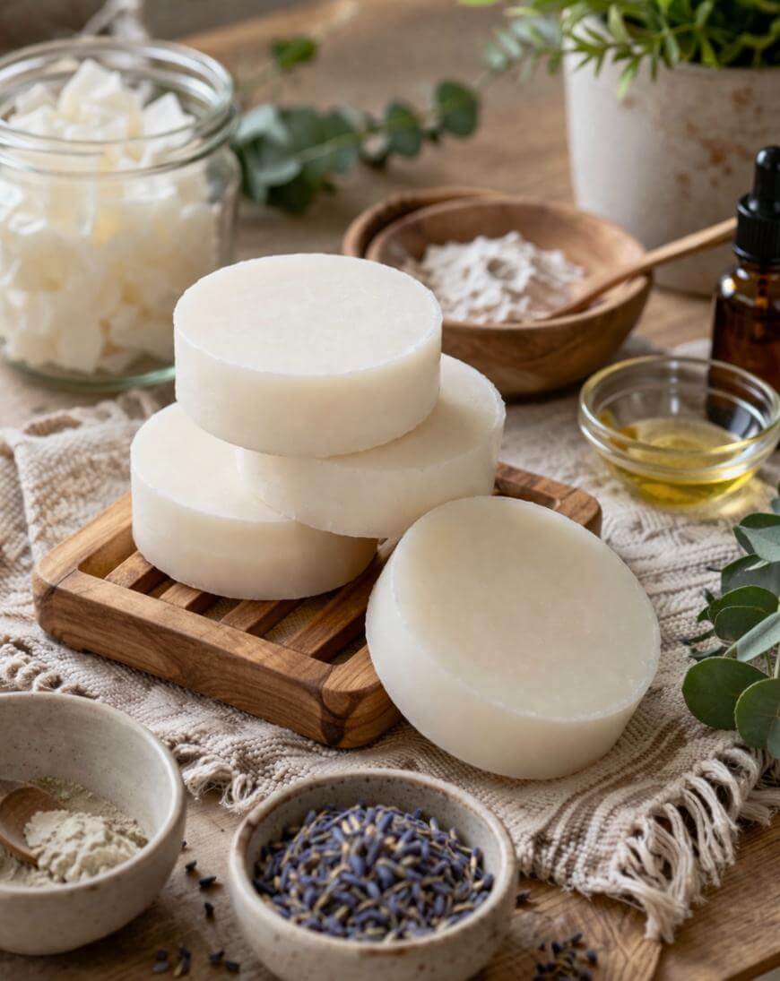 Four round white soap bars are stacked on a wooden soap dish, surrounded by bowls of dried lavender, powder, oil, and a jar of soap cubes, with dried leaves and plants in the background.
