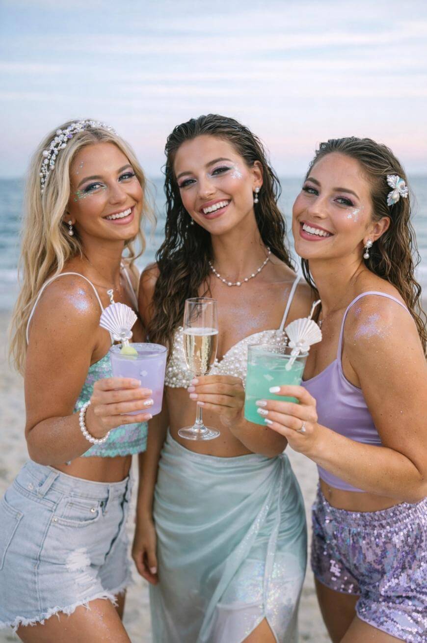 Three women in sparkly, pastel beach outfits with glitter makeup hold colorful drinks and smile at the camera on a sandy beach, with the sea and sky in the background.