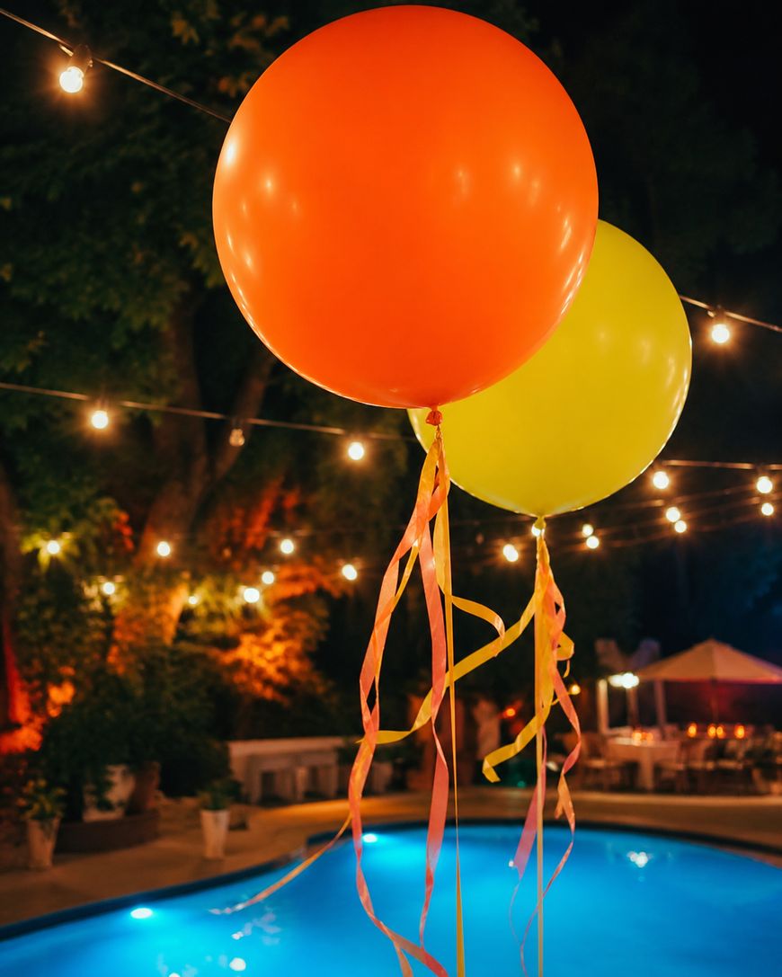 Two large balloons, one orange and one yellow, with long streamers float above a lit outdoor pool at night. String lights are hung overhead, creating a festive atmosphere with trees and patio furniture in the background.