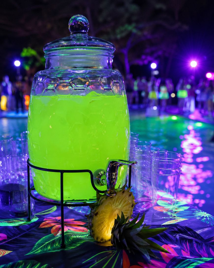 A large glass dispenser filled with glowing neon green punch sits on a tropical-patterned table next to clear plastic cups and a sliced pineapple, with colorful lights and a pool in the background.