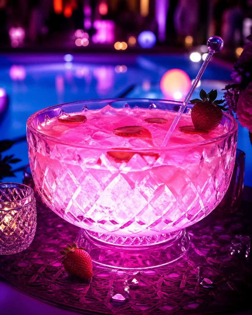 A crystal punch bowl filled with a pink drink, garnished with strawberries and lemon slices, sits on a woven mat near a glowing pool at night. A matching glass and loose strawberries are nearby; purple and pink lighting creates a festive atmosphere.