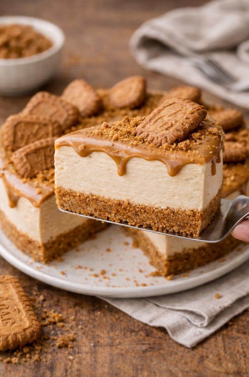 A slice of creamy cheesecake with a cookie base and caramel topping is being lifted from a whole cheesecake, which is decorated with cookies and crumbs. The dessert sits on a plate atop a rustic wooden table.