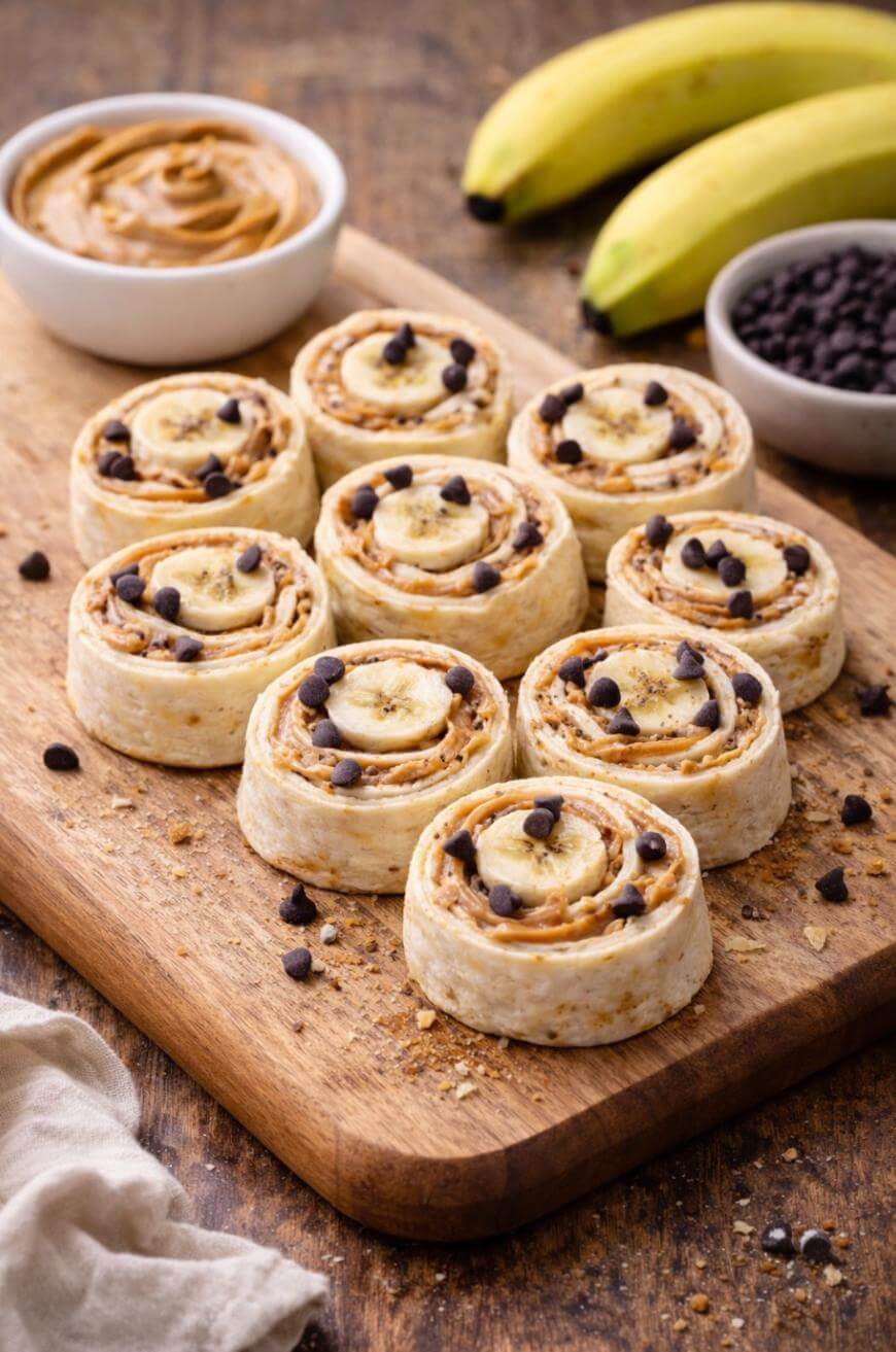 Sliced banana and peanut butter roll-ups topped with chocolate chips are arranged on a wooden cutting board. In the background, there are whole bananas, a bowl of peanut butter, and a bowl of chocolate chips.