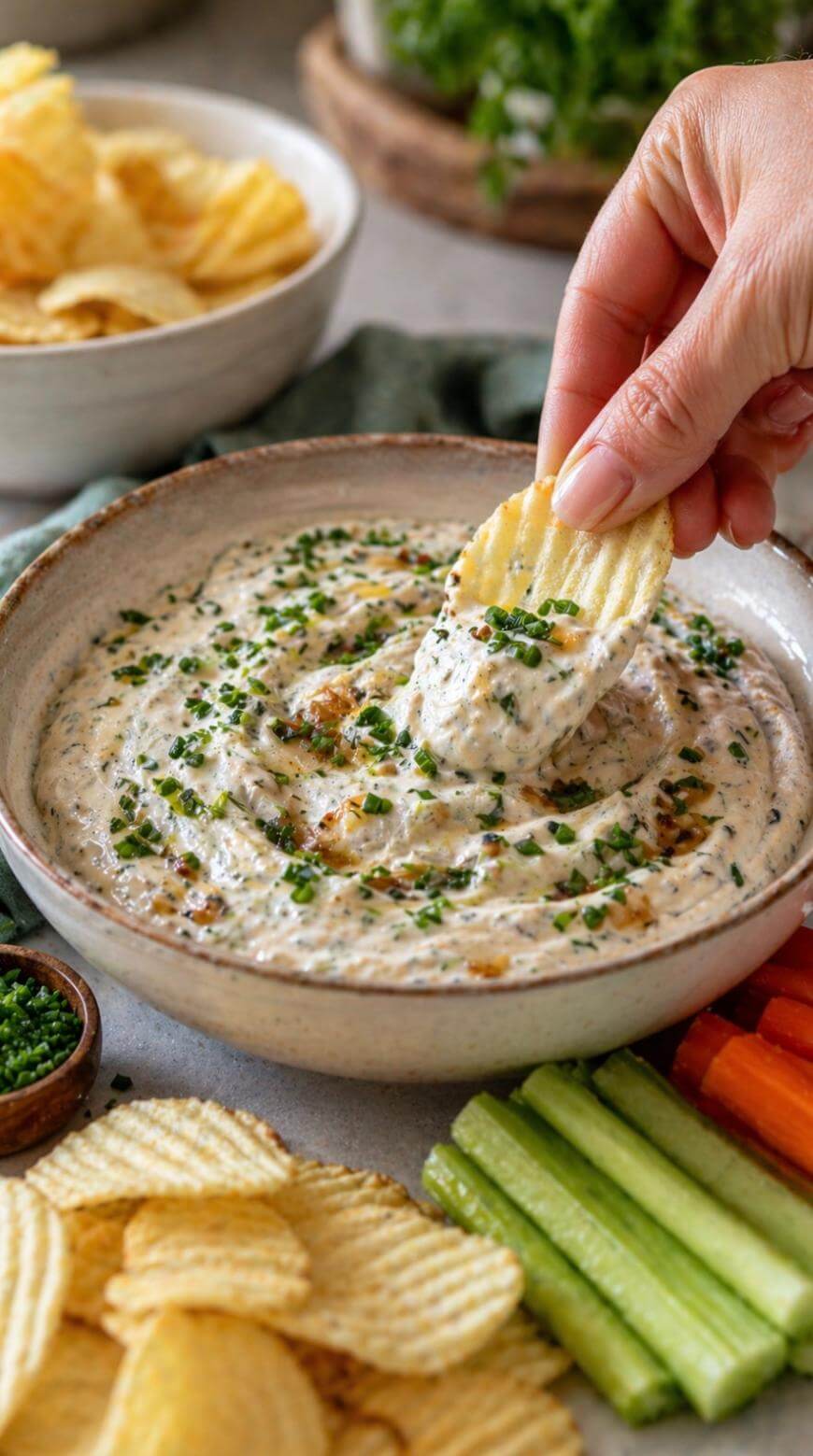 A hand dips a ridged potato chip into a bowl of creamy dip topped with chopped chives. Sliced cucumber, carrot sticks, and more chips are arranged nearby on the table.