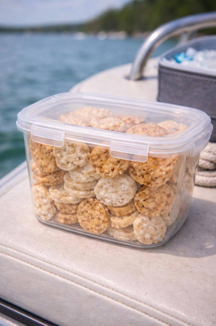 A clear plastic container filled with round rice cakes sits on a boat seat, with water and distant trees visible in the background.