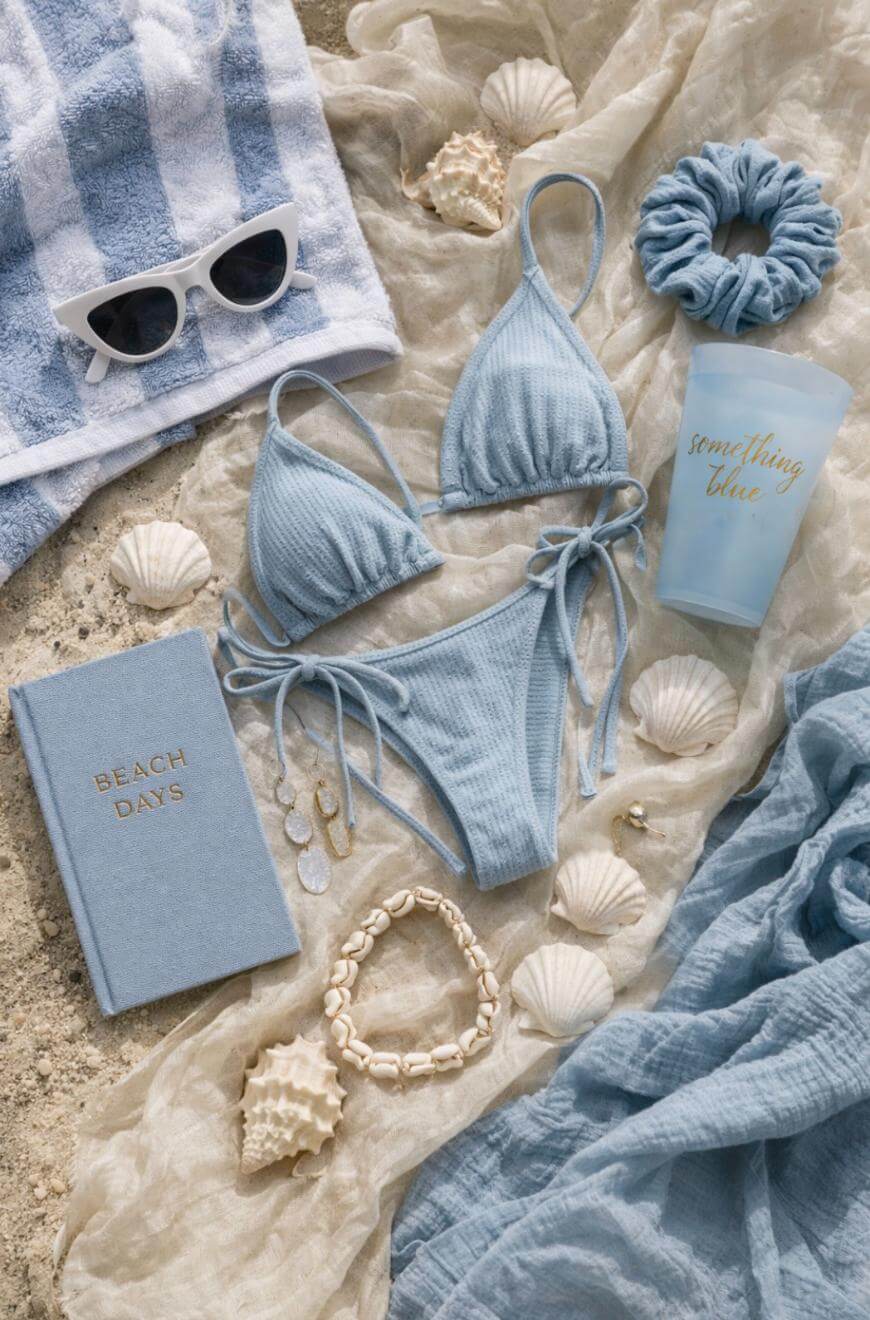 Flat lay of summer beach items in blue and neutral tones, including a blue bikini, scrunchie, sunglasses, towel, seashells, shell necklace, earrings, a book titled Beach Days, and a tumbler labeled something blue.
