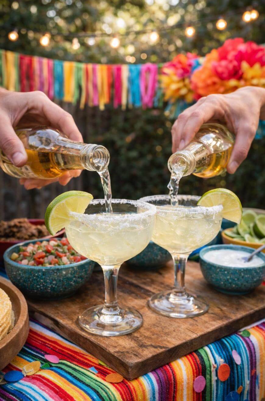 Two hands pour beer into margarita glasses with salted rims and lime wedges. The glasses are on a colorful table with Mexican food and festive decorations in the background.