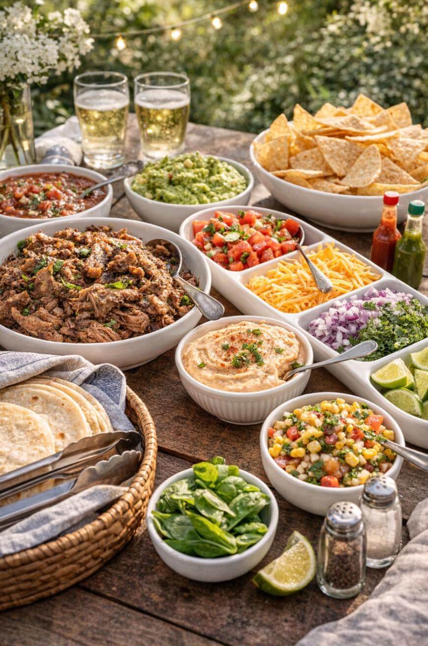 A wooden table set outdoors with bowls of shredded meat, salsa, guacamole, cheese, chips, salad, hummus, limes, chopped onions, sauces, tortillas, and two glasses of sparkling drinks.