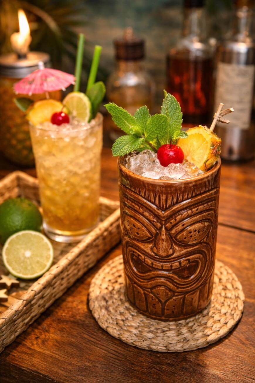 Two tropical cocktails garnished with lime, mint, pineapple, and cherries; one in a tiki mug with a carved face, the other in a tall glass with a pink paper umbrella, both on a wooden table with limes and bottles in the background.