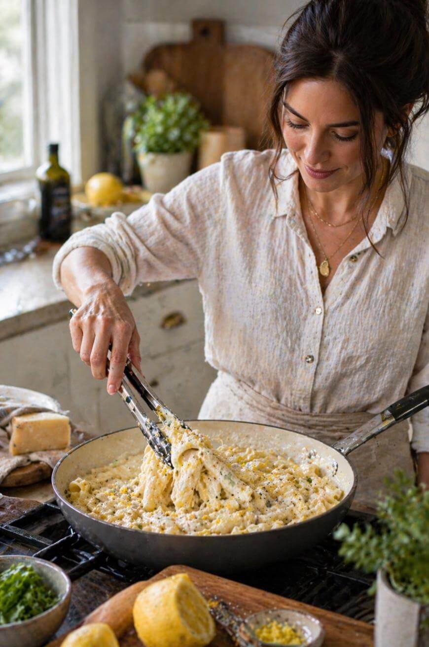 A woman in a light linen shirt uses tongs to stir creamy pasta in a large skillet in a cozy, sunlit kitchen with herbs, cheese, and lemons on the counter.