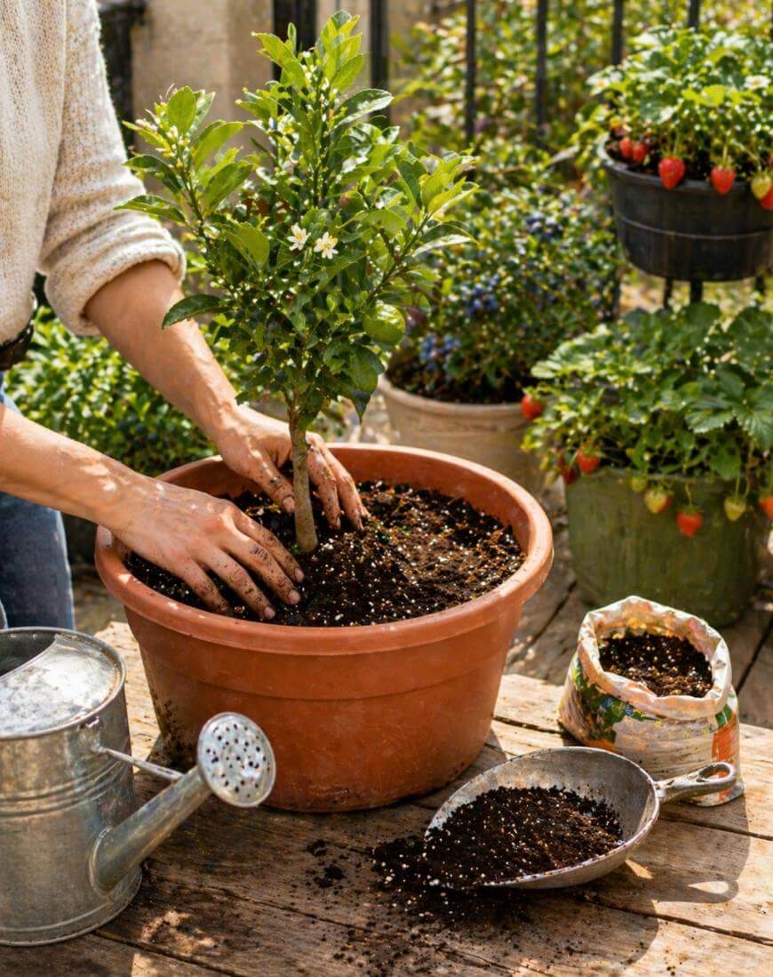 A person is planting a small tree with white flowers in a large terra cotta pot, surrounded by gardening tools, soil, a watering can, and potted plants on a wooden table outdoors.