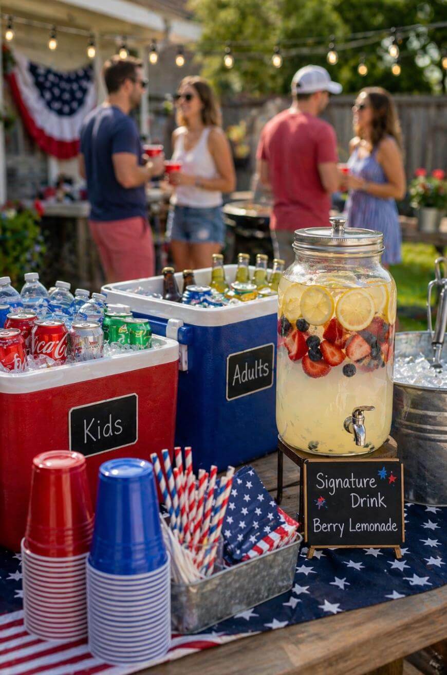 Outdoor party setup with a drink station featuring coolers labeled Kids and Adults, a dispenser of berry lemonade, red and blue cups, and American flag decorations. People chat in the background.