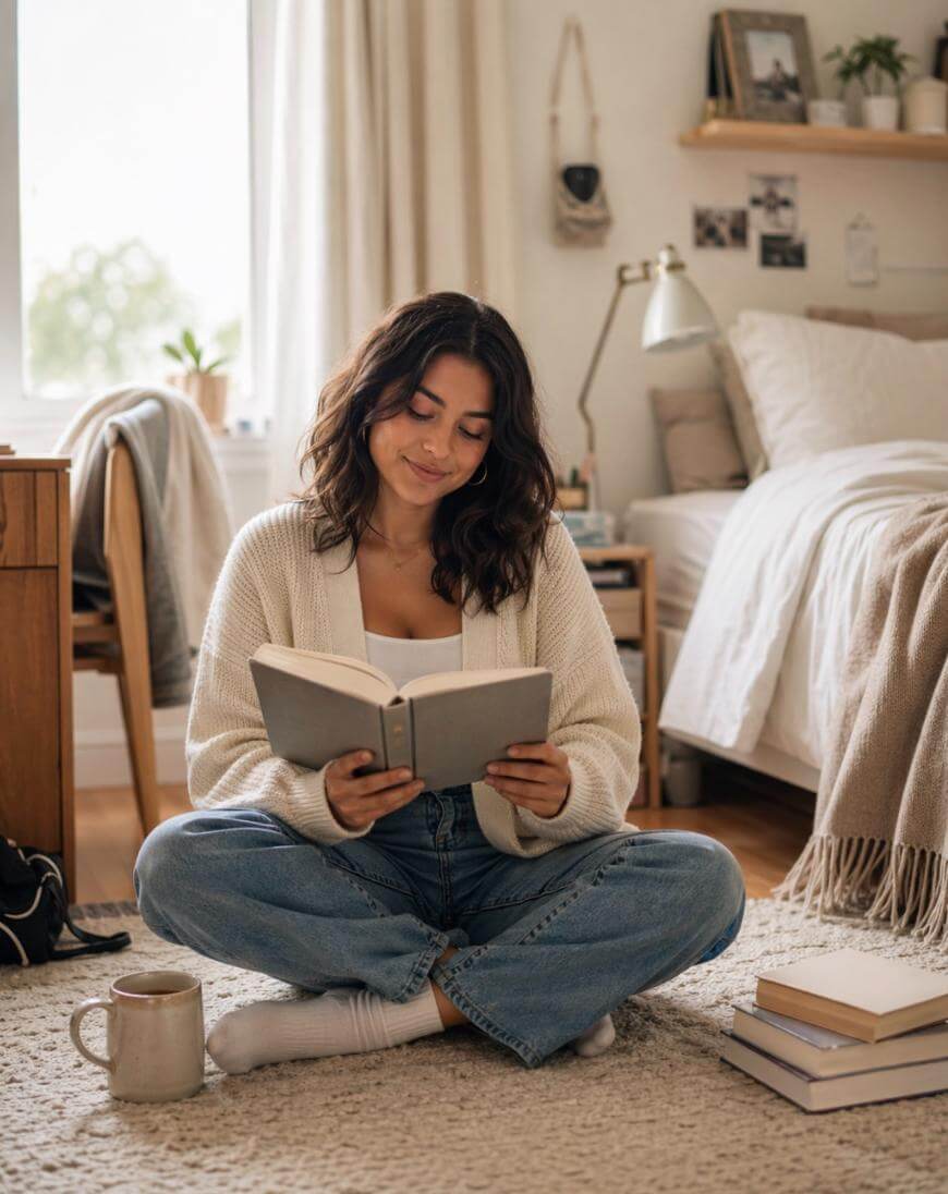 A woman sits cross-legged on a cozy rug in a bedroom, reading a book and smiling. She wears a white sweater and jeans. There’s a mug, two books, and a bed with beige blankets in the softly lit room.