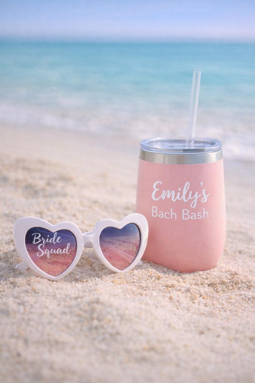 A pair of white heart-shaped sunglasses with Bride Squad on the lenses and a pink tumbler reading Emilys Bach Bash rest on sandy beach near blue ocean water.