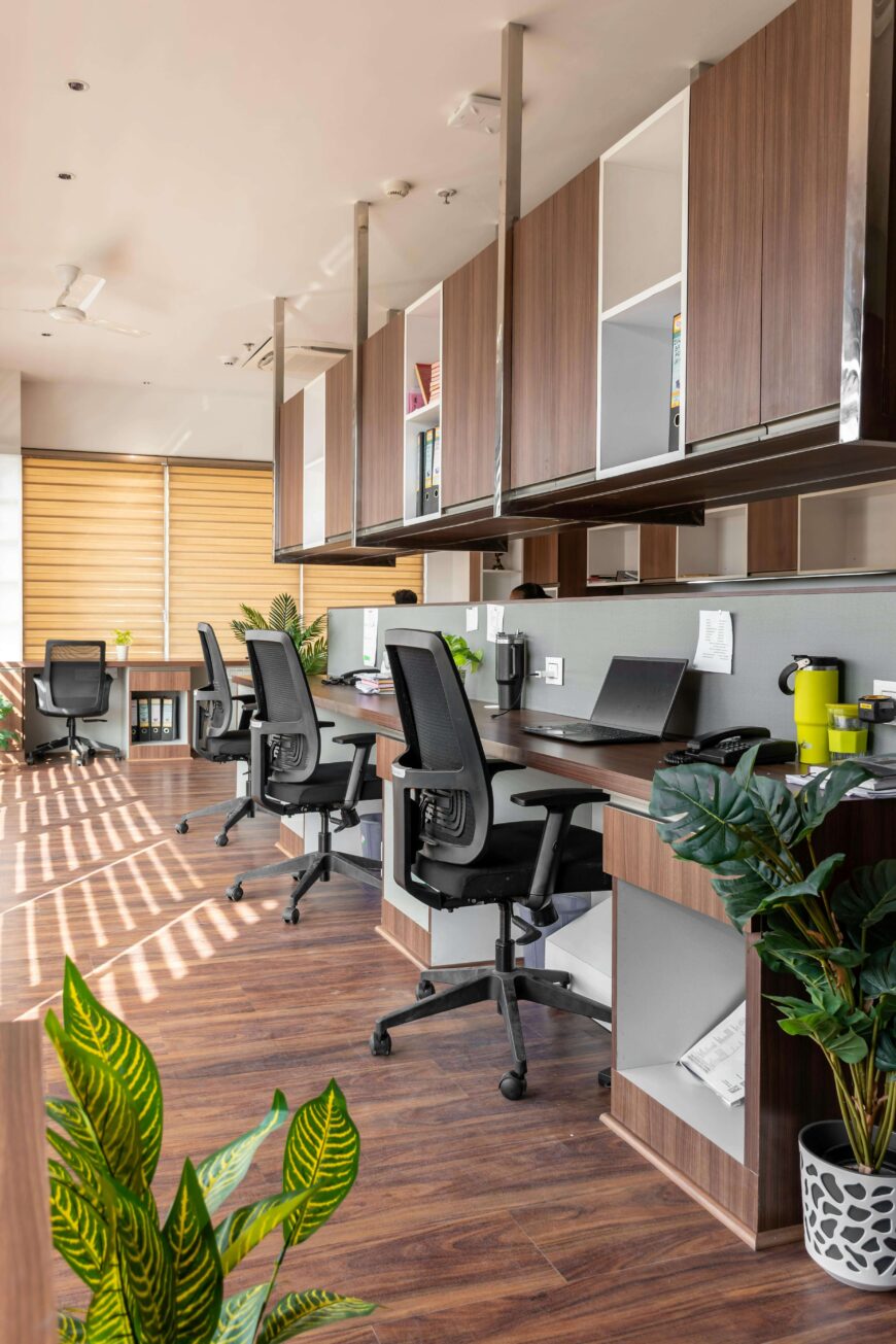 Modern office space with several workstations, black chairs, wooden desks, overhead cabinets, large windows with blinds, potted plants, wooden flooring, and sunlight streaming in, creating a bright and inviting atmosphere.