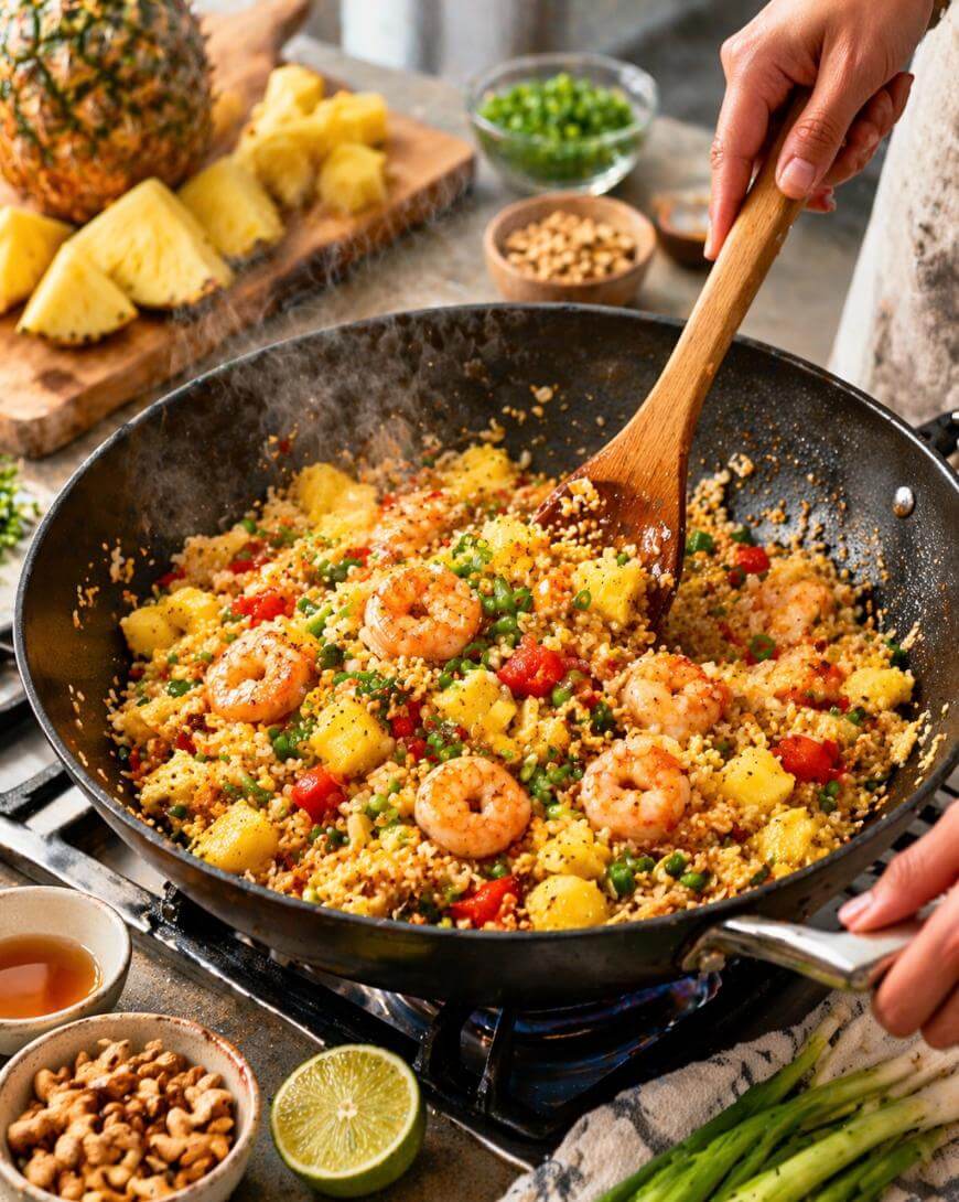 A person stirs a large pan of colorful shrimp and pineapple fried rice with peas and peppers. Fresh pineapple, lime, green onions, and small bowls of ingredients surround the pan on a kitchen counter.