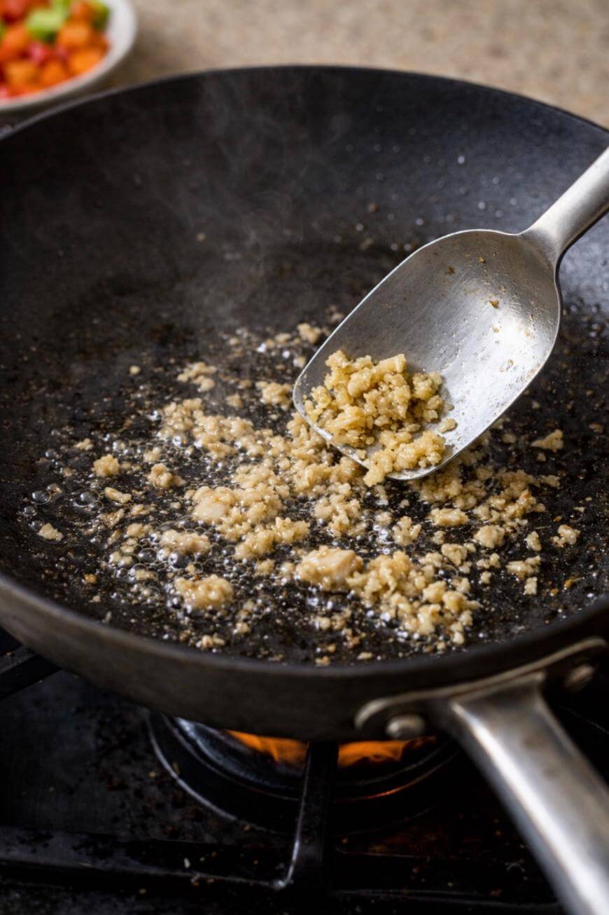 A metal spatula stirs minced garlic as it sautés in oil in a black frying pan over a lit stove, with steam rising and blurred vegetables visible in the background.