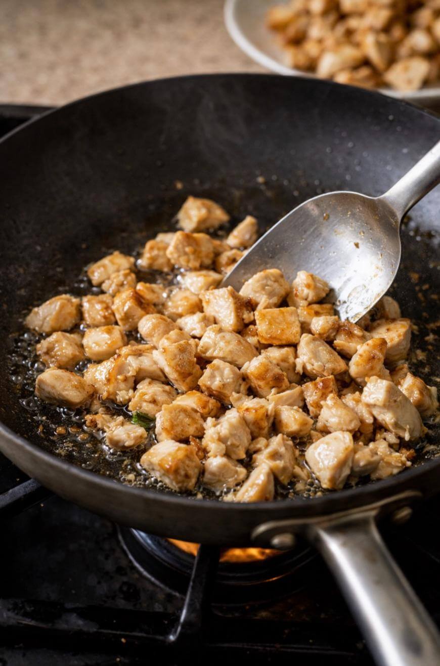 Cubed pieces of chicken being sautéed in a frying pan on a stove, with a metal spatula stirring the chicken as it browns. A plate of more cooked chicken is blurred in the background.