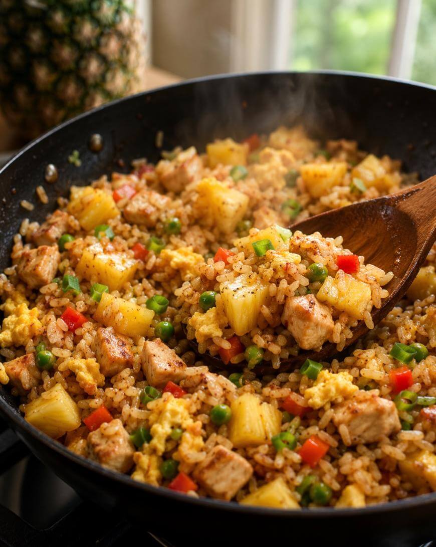 A close-up of a skillet filled with pineapple fried rice, featuring chunks of pineapple, diced chicken, red bell peppers, peas, scrambled eggs, and rice being stirred with a wooden spoon.
