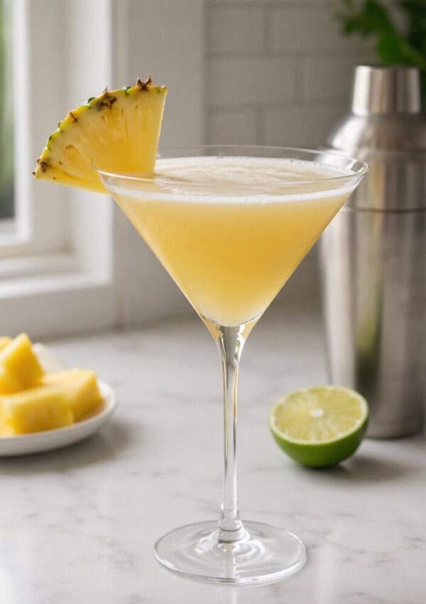A yellow cocktail in a martini glass, garnished with a pineapple wedge. Behind it are a metal cocktail shaker, half a lime, and a plate with pineapple pieces on a white countertop by a window.