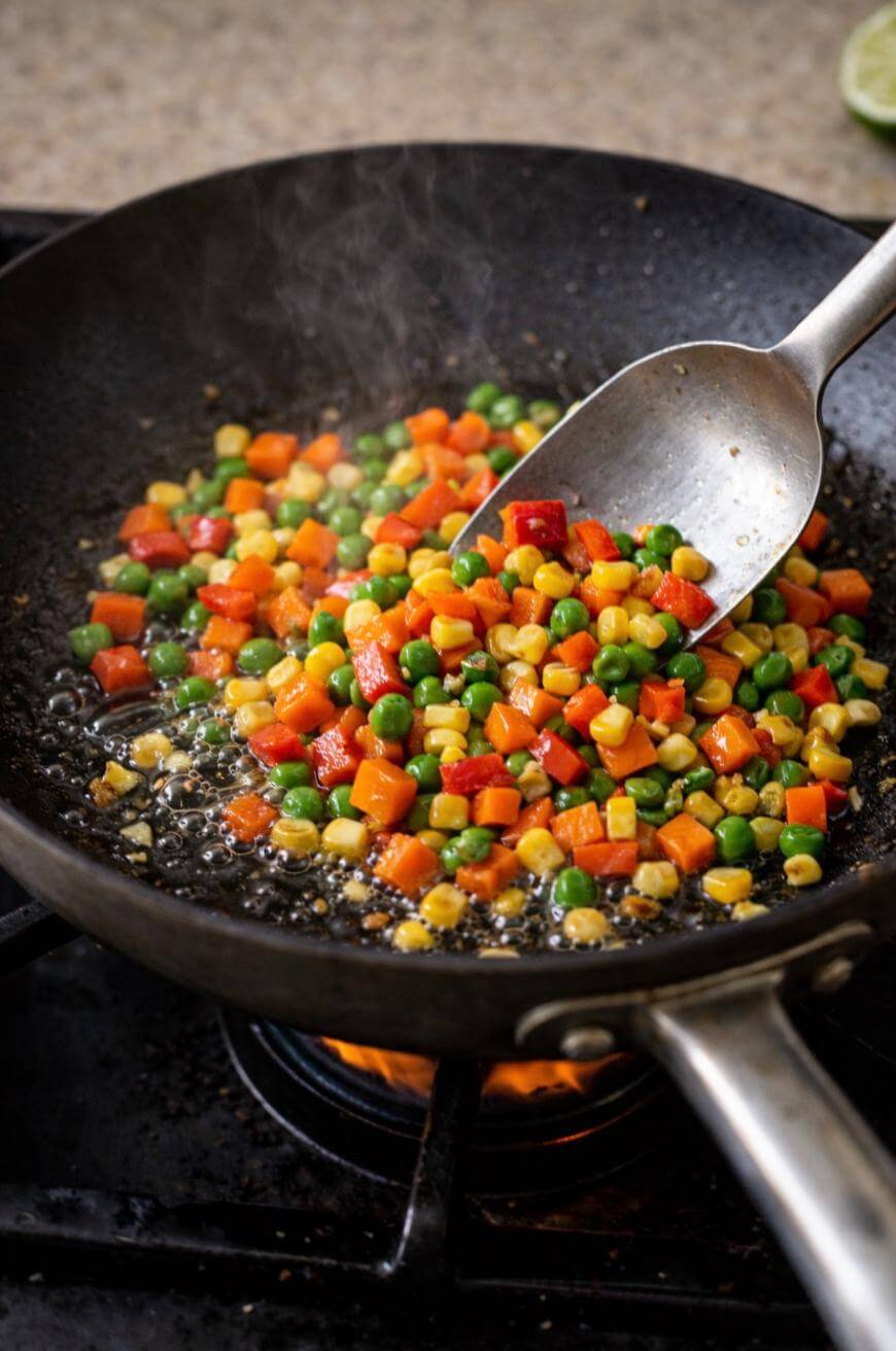 A metal spatula stirs a mix of diced carrots, peas, corn, and red bell peppers in a frying pan on a stovetop with a visible flame. Steam rises from the colorful vegetables as they cook.