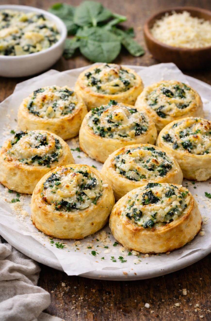 A plate of golden-brown, spiral pastry rolls filled with spinach and cheese, garnished with herbs. In the background, bowls of grated cheese and fresh spinach are visible on a rustic wooden surface.