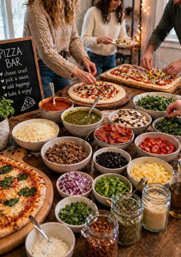 A group of people makes custom pizzas at a pizza bar, with bowls of various toppings, cheeses, and sauces on a wooden table, and a chalkboard sign with pizza-making steps in the background.