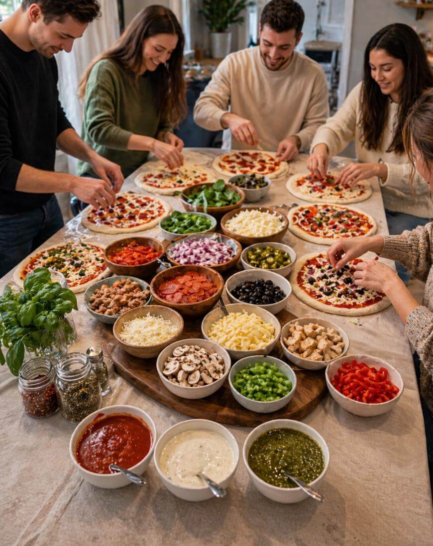 Four people smile and assemble pizzas at a table covered with pizza bases and bowls of toppings, including cheese, vegetables, sauces, meats, and herbs. The scene appears cheerful and communal.
