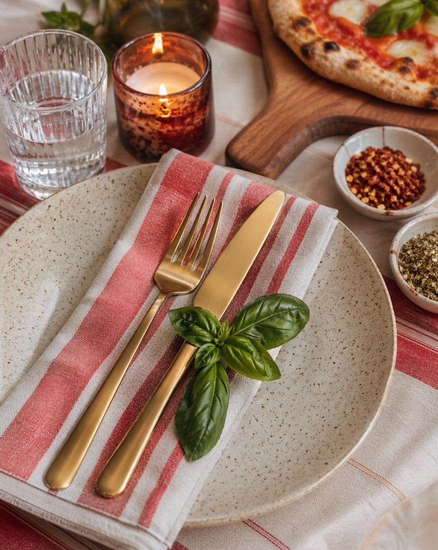 A speckled plate with a red-striped napkin, gold fork and knife, and fresh basil leaves, set beside a glass of water, a lit candle, pizza on a wooden board, and bowls of chili flakes and herbs.