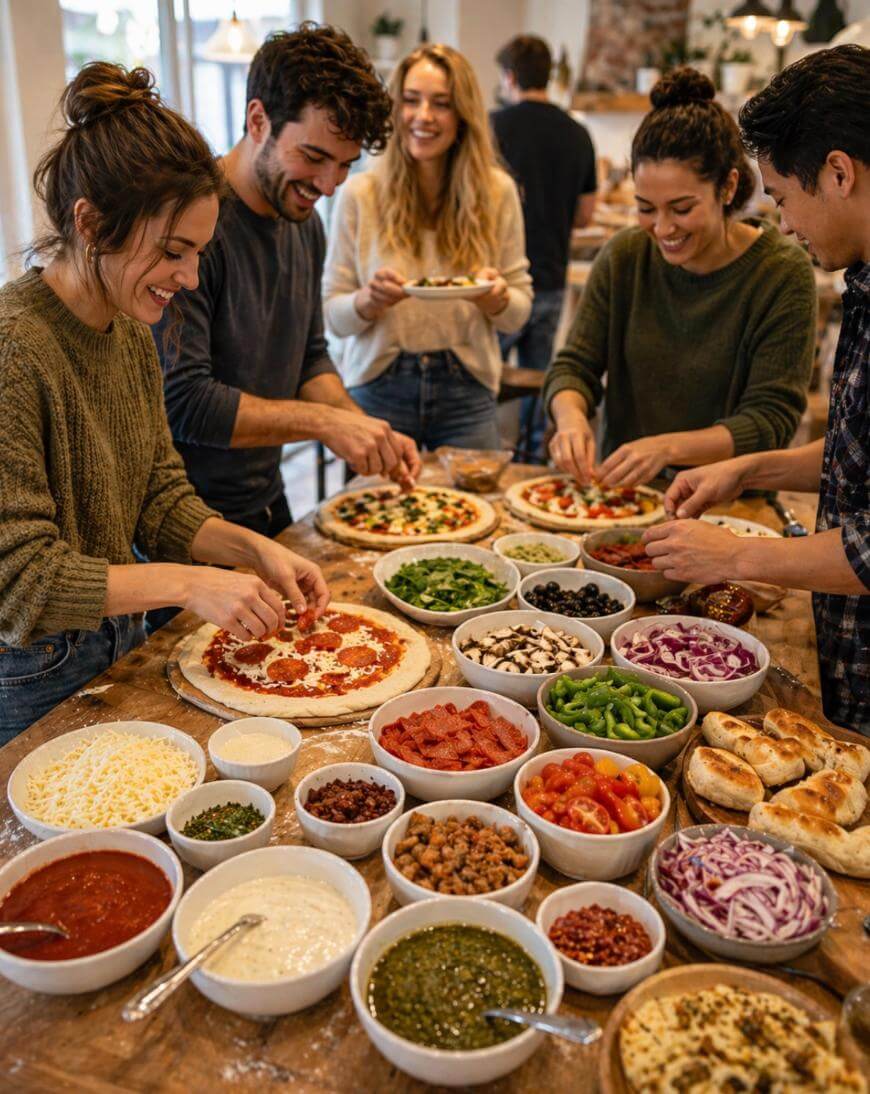 Five people smiling and making pizzas together at a wooden table covered with bowls of toppings like cheese, sauce, vegetables, and meats in a cozy, sunlit kitchen.