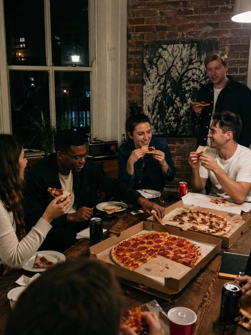 A group of six friends sit around a wooden table, smiling and eating pizza together in a cozy room with brick walls and a large window. Pizza boxes, drinks, and plates are on the table.