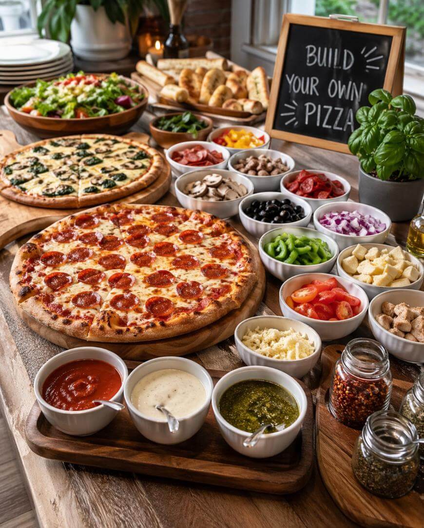A wooden table set with pizzas, bowls of various pizza toppings, sauces, salads, breadsticks, and a sign that says Build Your Own Pizza, creating a colorful, inviting buffet spread.