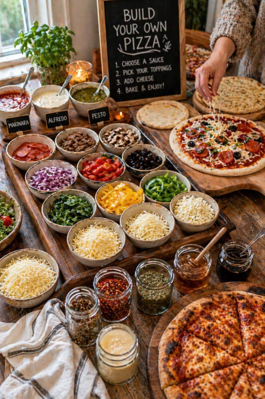 A build-your-own pizza station with assorted toppings like peppers, onions, olives, cheeses, and sauces in bowls and jars. A hand adds toppings to a pizza crust, with finished pizzas and an instruction sign in the background.